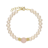 Pulsera de perlas, Bañado en oro, Cuarzo rosa artificial, Perla cultivada