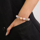 Pulsera de piedra, Bañado en oro, Cuarzo rosa artificial, Ágata artificial