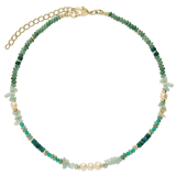 Collar gargantilla, Bañado en oro, Aventurina artificial, Perla cultivada, Aguamarina artificial, Turquesa artificial, Jaspe artificial