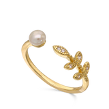 Anillo Delicado, Bañado en oro, Zirconia cúbica artificial, Perla cultivada
