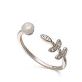 Anillo Delicado, Plata 925 bañada en rodio, Zirconia cúbica artificial, Perla cultivada