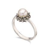 Anillo Delicado, Plata 925 bañada en rodio, Perla cultivada, Marcasita artificial
