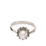 Anillo Delicado, Plata 925 bañada en rodio, Perla cultivada, Marcasita artificial